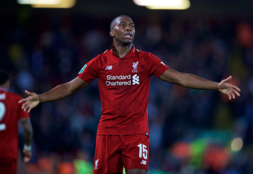 LIVERPOOL, ENGLAND - Wednesday, September 26, 2018: Liverpool's Daniel Sturridge celebrates scoring the first goal during the Football League Cup 3rd Round match between Liverpool FC and Chelsea FC at Anfield. (Pic by David Rawcliffe/Propaganda)
