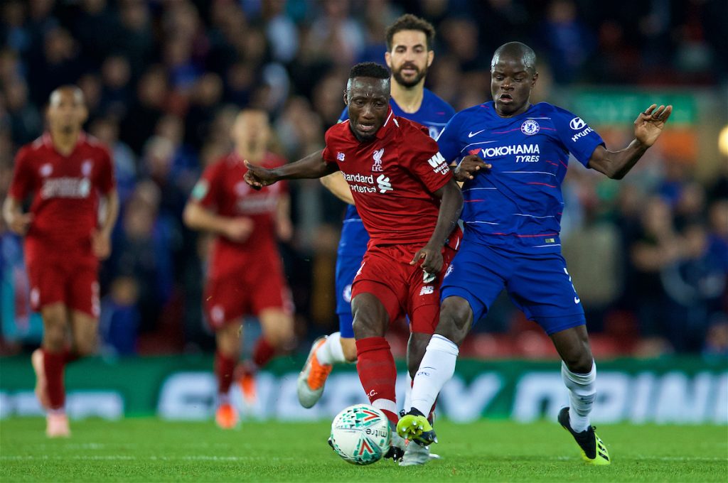 LIVERPOOL, ENGLAND - Wednesday, September 26, 2018: Liverpool's Naby Keita (left) and Chelsea's N'Golo Kante during the Football League Cup 3rd Round match between Liverpool FC and Chelsea FC at Anfield. (Pic by David Rawcliffe/Propaganda)