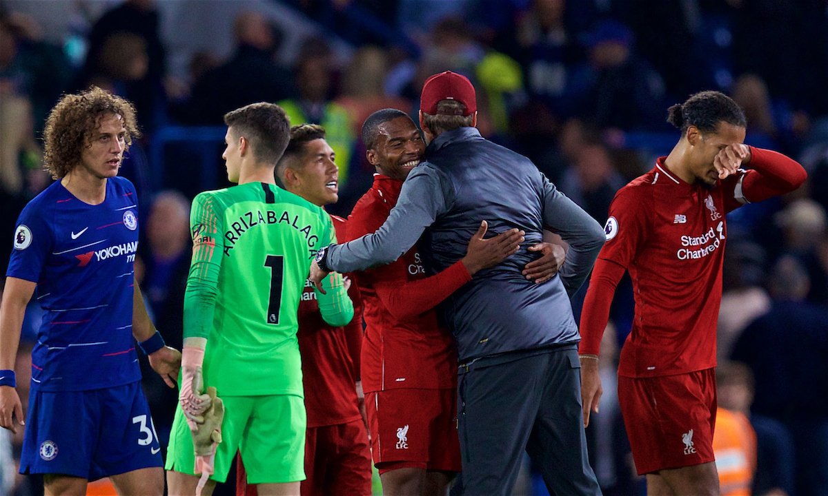 LONDON, ENGLAND - Saturday, September 29, 2018: Liverpool's Daniel Sturridge embraces manager Jürgen Klopp after the FA Premier League match between Chelsea FC and Liverpool FC at Stamford Bridge. (Pic by David Rawcliffe/Propaganda)