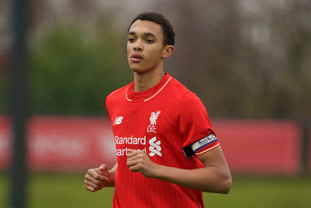 KIRKBY, ENGLAND - Saturday, December 5, 2015: Liverpool's captain Trent Alexander-Arnold during the FA Premier League Academy match at the Kirkby Academy. (Pic by David Rawcliffe/Propaganda)