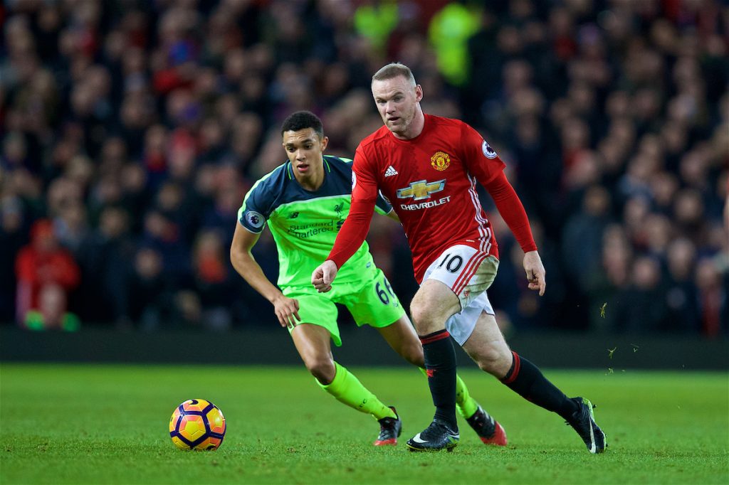 MANCHESTER, ENGLAND - Sunday, January 15, 2017: Manchester United's captain Wayne Rooney in action against Liverpool's Trent Alexander-Arnold during the FA Premier League match at Old Trafford. (Pic by David Rawcliffe/Propaganda)