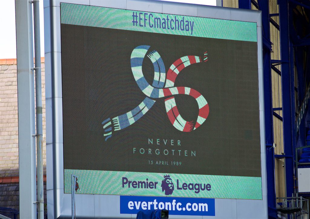LIVERPOOL, ENGLAND - Saturday, April 15, 2017: Everton scoreboard shows a 96 in blue and red scarves as the club remembers the victims of the Hillsborough Stadium Disaster on the 28th Anniversary before the FA Premier League match at Goodison Park. (Pic by David Rawcliffe/Propaganda)