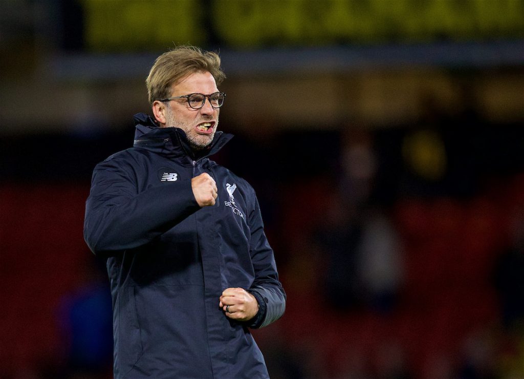 WATFORD, ENGLAND - Monday, May 1, 2017: Liverpool's manager Jürgen Klopp celebrates after the 1-0 victory over Watford during the FA Premier League match at Vicarage Road. (Pic by David Rawcliffe/Propaganda)