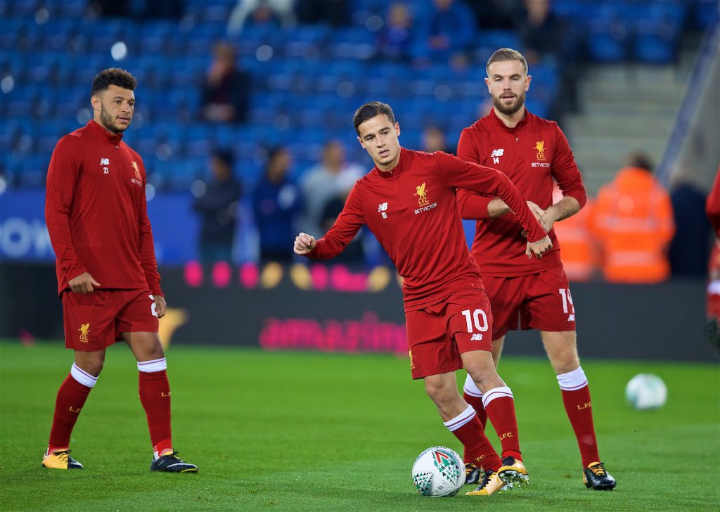 LEICESTER, ENGLAND - Tuesday, September 19, 2017: Liverpool's Alex Oxlade-Chamberlain, Philippe Coutinho Correia and captain Jordan Henderson warm-up before the Football League Cup 3rd Round match between Leicester City and Liverpool at the King Power Stadium. (Pic by David Rawcliffe/Propaganda)