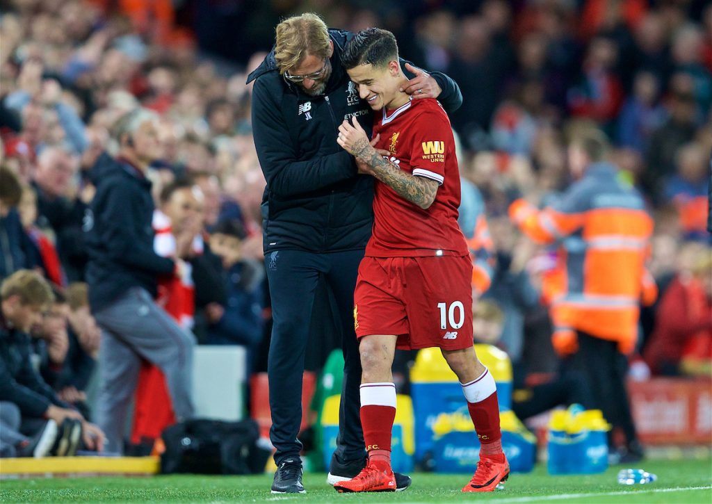 LIVERPOOL, ENGLAND - Saturday, October 28, 2017: Liverpool's Philippe Coutinho Correia is embraced by manager J¸rgen Klopp as he is substituted immediately after scoring the third goal during the FA Premier League match between Liverpool and Southampton at Anfield. (Pic by David Rawcliffe/Propaganda)