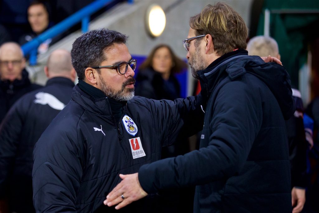 HUDDERSFIELD, ENGLAND - Tuesday, January 30, 2018: Liverpool's manager J¸rgen Klopp and Huddersfield Town's manager David Wagner before the FA Premier League match between Huddersfield Town FC and Liverpool FC at the John Smith's Stadium. (Pic by David Rawcliffe/Propaganda)