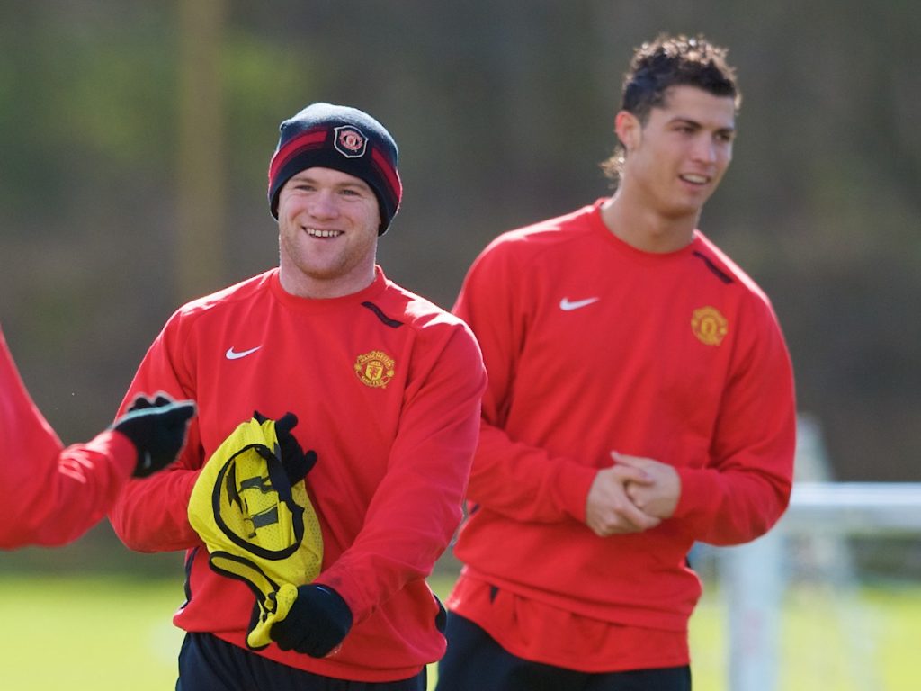 MANCHESTER, ENGLAND - Monday, March 3, 2008: Manchester United's Christiano Ronaldo and Wayne Rooney training at Carrington ahead of the UEFA Champions League First knockout round 2nd leg match against Olympique Lyonnais. (Photo by David Rawcliffe/Propaganda)