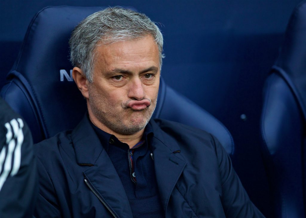 MANCHESTER, ENGLAND - Saturday, April 7, 2018: Manchester United's manager Jose Mourinho looks miserable before the FA Premier League match between Manchester City FC and Manchester United FC at the City of Manchester Stadium. (Pic by David Rawcliffe/Propaganda)