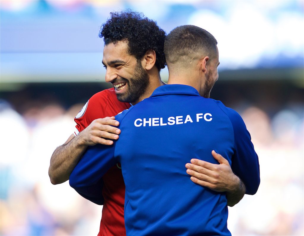 LONDON, ENGLAND - Sunday, May 6, 2018: Liverpool's Mohamed Salah embraces former team-mate Chelsea's Eden Hazard before the FA Premier League match between Chelsea FC and Liverpool FC at Stamford Bridge. (Pic by David Rawcliffe/Propaganda)