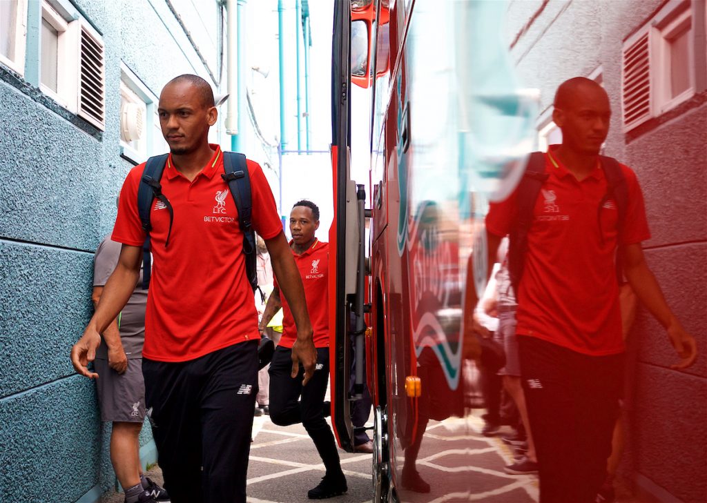 BIRKENHEAD, ENGLAND - Tuesday, July 10, 2018: Liverpool's new signing Fabio Henrique Tavares 'Fabinho' gets off the team coach before a preseason friendly match between Tranmere Rovers FC and Liverpool FC at Prenton Park. (Pic by Paul Greenwood/Propaganda)
