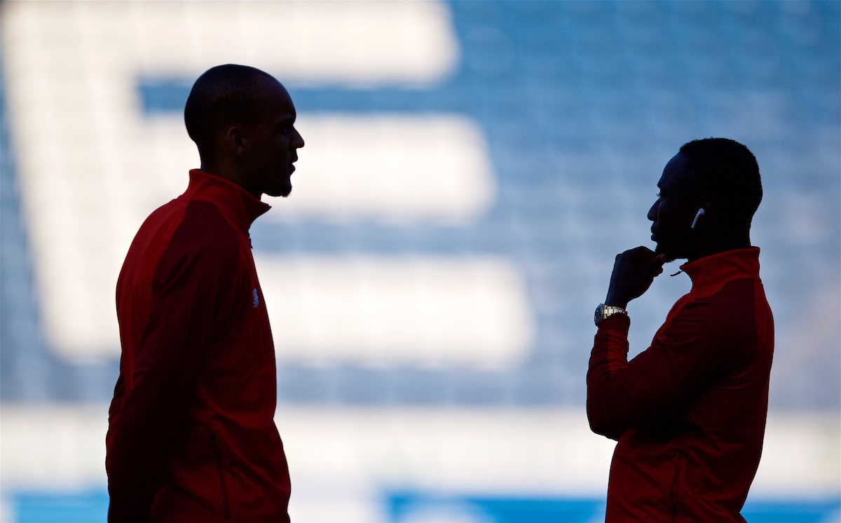 BLACKBURN, ENGLAND - Thursday, July 19, 2018: The silhouetted shapes of Liverpool's new signings Fabio Henrique Tavares 'Fabinho' (left) and Naby Keita before a preseason friendly match between Blackburn Rovers FC and Liverpool FC at Ewood Park. (Pic by David Rawcliffe/Propaganda)