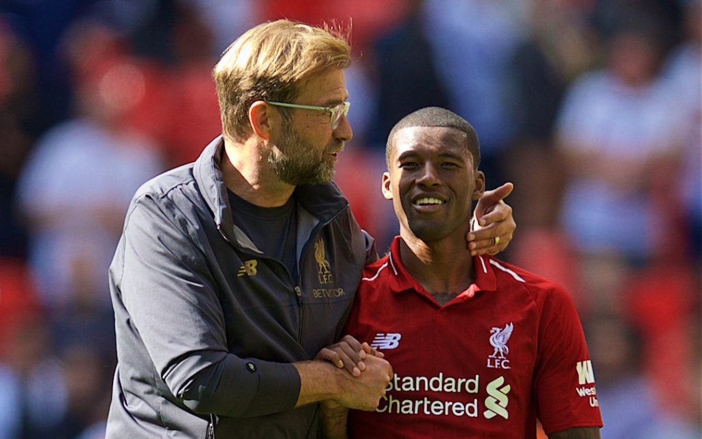 LONDON, ENGLAND - Saturday, September 15, 2018: Liverpool's Georginio Wijnaldum celebrates with manager J¸rgen Klopp after the FA Premier League match between Tottenham Hotspur FC and Liverpool FC at Wembley Stadium. Liverpool won 2-1. (Pic by David Rawcliffe/Propaganda)