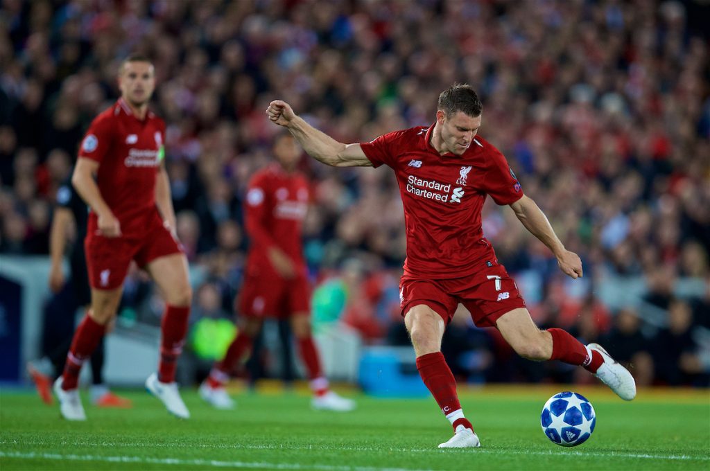 LIVERPOOL, ENGLAND - Tuesday, September 18, 2018: Liverpool's James Milner during the UEFA Champions League Group C match between Liverpool FC and Paris Saint-Germain at Anfield. (Pic by David Rawcliffe/Propaganda)