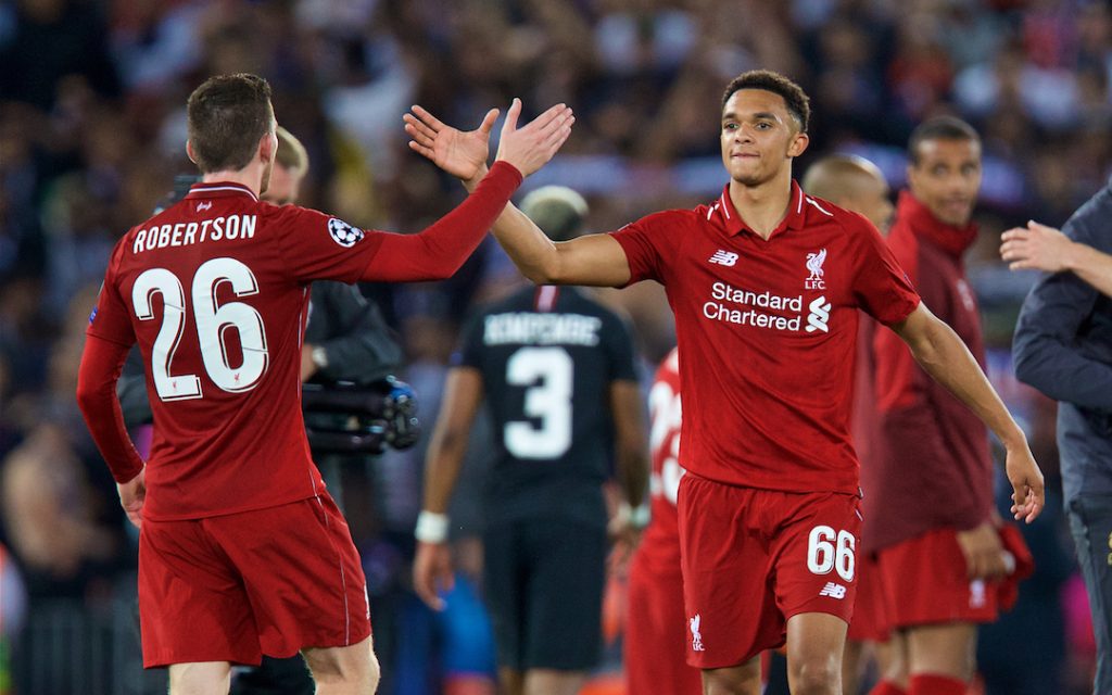 LIVERPOOL, ENGLAND - Tuesday, September 18, 2018: Liverpool's Trent Alexander-Arnold and Andy Robertson celebrate the victory after the UEFA Champions League Group C match between Liverpool FC and Paris Saint-Germain at Anfield. Liverpool won 3-2. (Pic by David Rawcliffe/Propaganda)