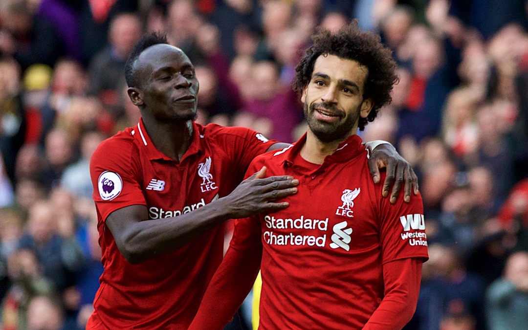 Liverpool's Mohamed Salah (right) celebrates with Sadio Mane only to see his goal disallowed during the FA Premier League match between Liverpool FC and Southampton FC at Anfield