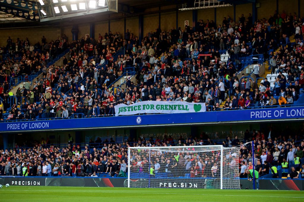 LONDON, ENGLAND - Saturday, September 29, 2018: Liverpool supporters' banner "Justice for Grenfell" before the FA Premier League match between Chelsea FC and Liverpool FC at Stamford Bridge. (Pic by David Rawcliffe/Propaganda)