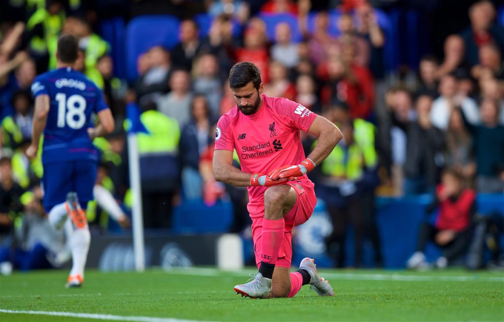 LONDON, ENGLAND - Saturday, September 29, 2018: Liverpool's goalkeeper Alisson Becker looks dejected as Chelsea score the opening goal during the FA Premier League match between Chelsea FC and Liverpool FC at Stamford Bridge. (Pic by David Rawcliffe/Propaganda)