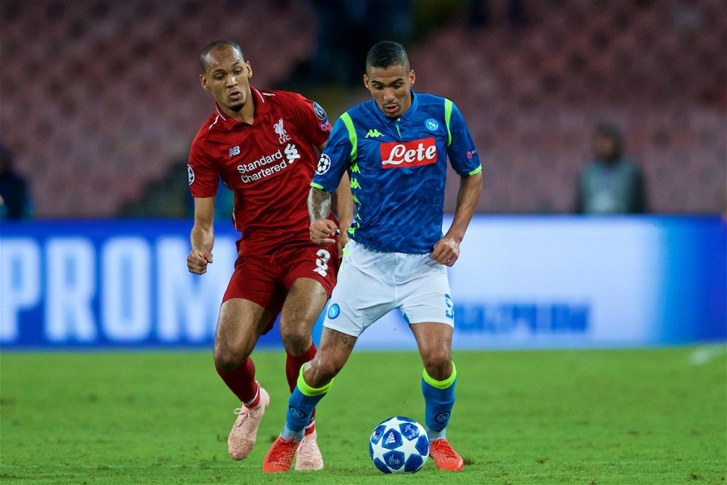 NAPLES, ITALY - Wednesday, October 3, 2018: Liverpool's Fabio Henrique Tavares 'Fabinho' (L) and Napoli's Allan Marques Loureiro during the UEFA Champions League Group C match between S.S.C. Napoli and Liverpool FC at Stadio San Paolo. (Pic by David Rawcliffe/Propaganda)