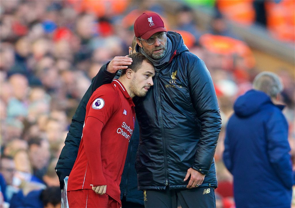 LIVERPOOL, ENGLAND - Saturday, October 27, 2018: Liverpool's manager Jürgen Klopp prepares to bring on substitute Xherdan Shaqiri during the FA Premier League match between Liverpool FC and Cardiff City FC at Anfield. (Pic by David Rawcliffe/Propaganda)