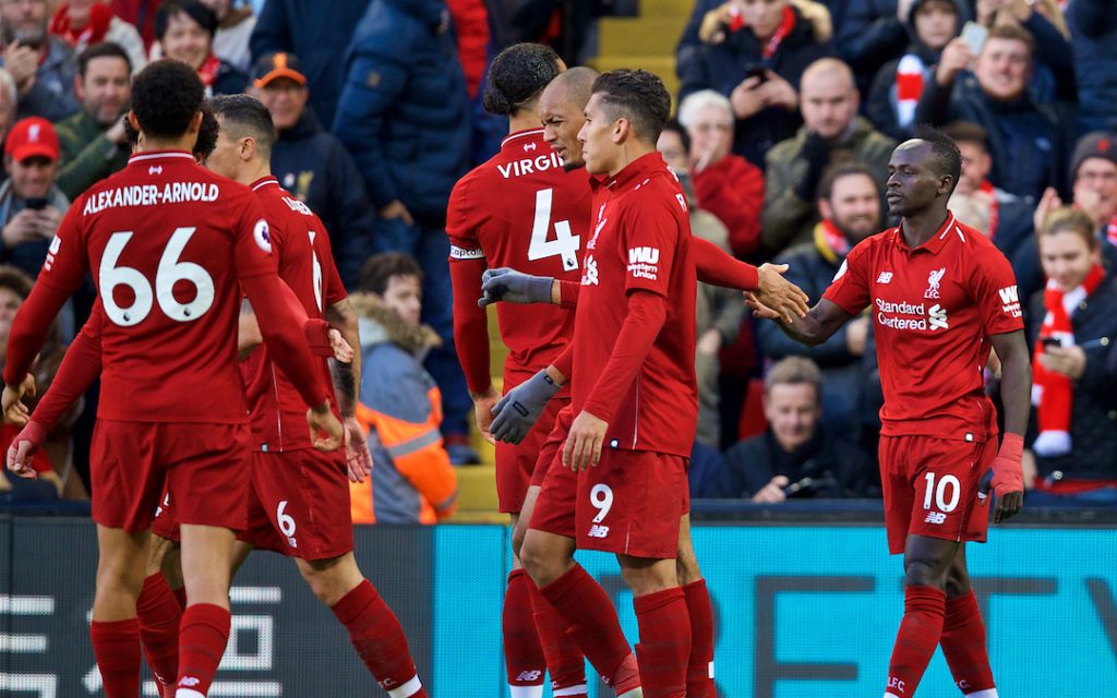 LIVERPOOL, ENGLAND - Saturday, October 27, 2018: Liverpool's Sadio Mane celebrates scoring the second goal during the FA Premier League match between Liverpool FC and Cardiff City FC at Anfield. (Pic by David Rawcliffe/Propaganda)