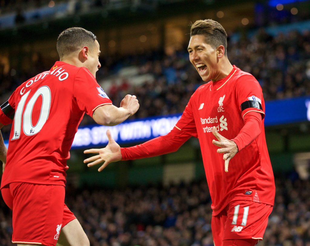 MANCHESTER, ENGLAND - Saturday, November 21, 2015: Liverpool's Roberto Firmino celebrates the Manchester City own goal scored by Mangala during the Premier League match against Liverpool at the City of Manchester Stadium. (Pic by David Rawcliffe/Propaganda)