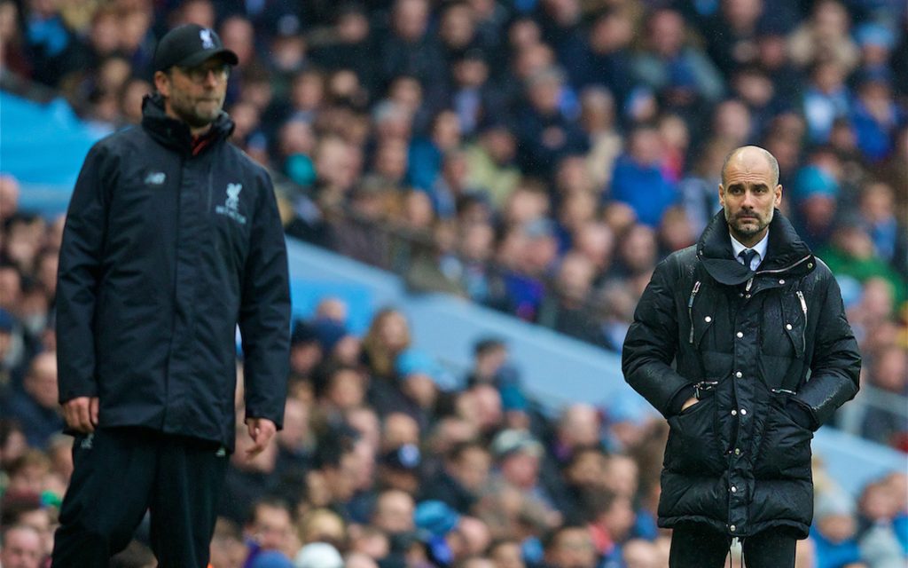 MANCHESTER, ENGLAND - Sunday, March 19, 2017: Manchester City's manager Pep Guardiola and Liverpool's manager J¸rgen Klopp during the FA Premier League match at the City of Manchester Stadium. (Pic by David Rawcliffe/Propaganda)