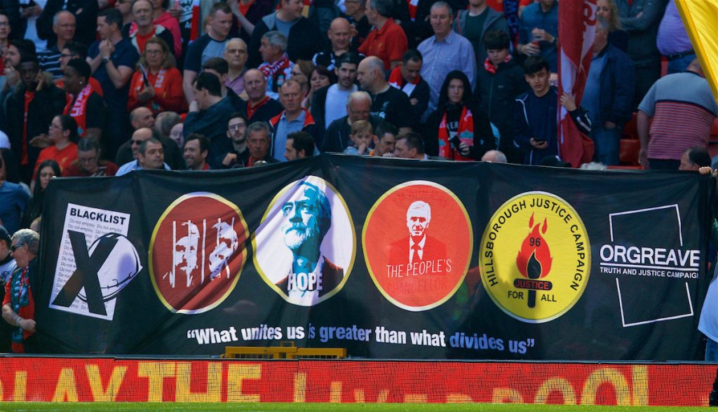 LIVERPOOL, ENGLAND - Sunday, May 7, 2017: Liverpool supporters' banner featuring Labour Party leader Jeremy Corbyn on display on the Spion Kop before the FA Premier League match against Southampton at Anfield. (Pic by David Rawcliffe/Propaganda)