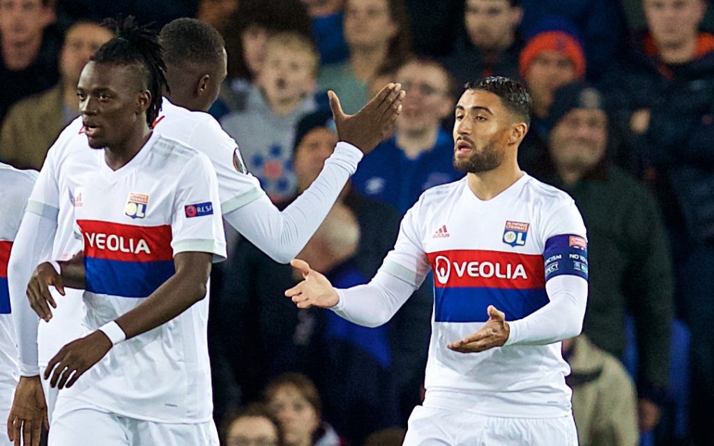 LIVERPOOL, ENGLAND - Thursday, October 19, 2017: Olympique Lyonnais' captain Nabil Fekir celebrates scoring the first goal during the UEFA Europa League Group E match between Everton and Olympique Lyonnais at Goodison Park. (Pic by David Rawcliffe/Propaganda)