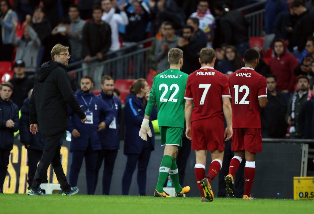 LONDON, ENGLAND - Sunday, October 22, 2017: Jurgen Klopp (Liverpool manager), Simon Mignolet (L), James Milner (L), Joe Gomez (L) walk off at the end of the FA Premier League match between Tottenham Hotspur and Liverpool at Wembley Stadium. (Pic by Paul Marriott/Propaganda)