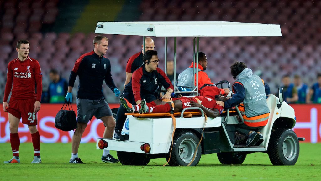 NAPLES, ITALY - Wednesday, October 3, 2018: Liverpool's injured Naby Keita is carried off the field on a stretcher during the UEFA Champions League Group C match between S.S.C. Napoli and Liverpool FC at Stadio San Paolo. (Pic by David Rawcliffe/Propaganda)