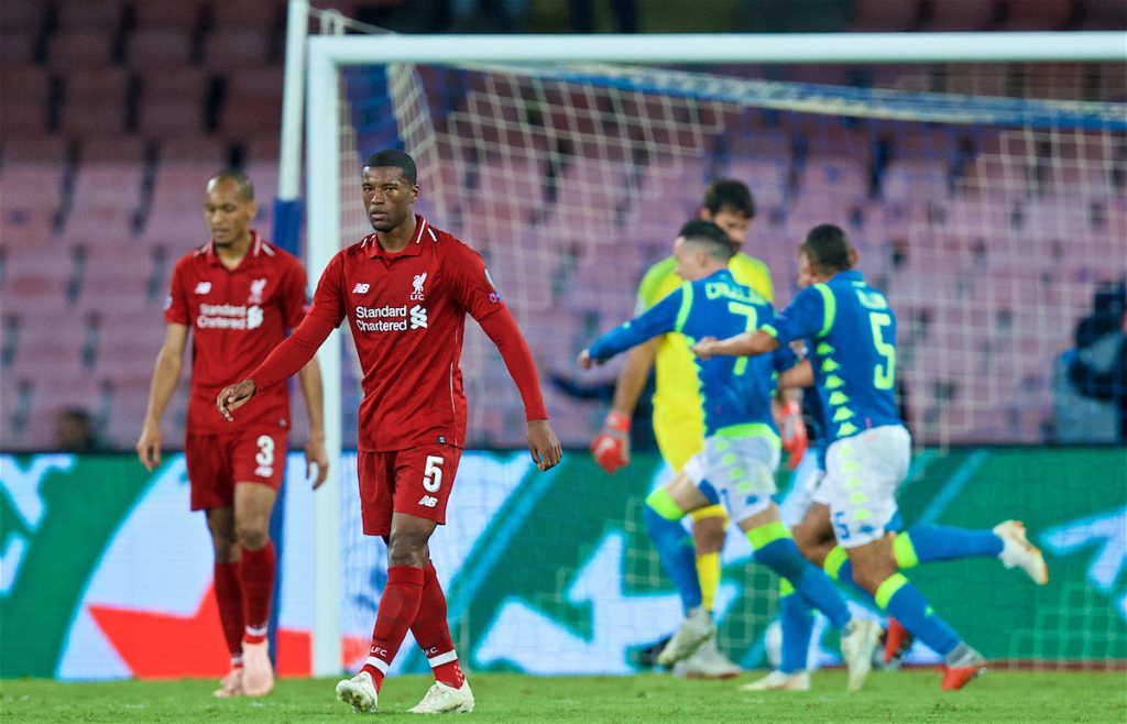 NAPLES, ITALY - Wednesday, October 3, 2018: Liverpool's Georginio Wijnaldum looks dejected as Napoli score an injury time winning goal during the UEFA Champions League Group C match between S.S.C. Napoli and Liverpool FC at Stadio San Paolo. Napoli won 1-0. (Pic by David Rawcliffe/Propaganda)