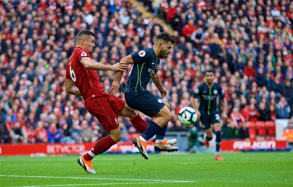 LIVERPOOL, ENGLAND - Sunday, October 7, 2018: Liverpool's Dejan Lovren (L) and Manchester City's Sergio Aguero during the FA Premier League match between Liverpool FC and Manchester City FC at Anfield. (Pic by David Rawcliffe/Propaganda)