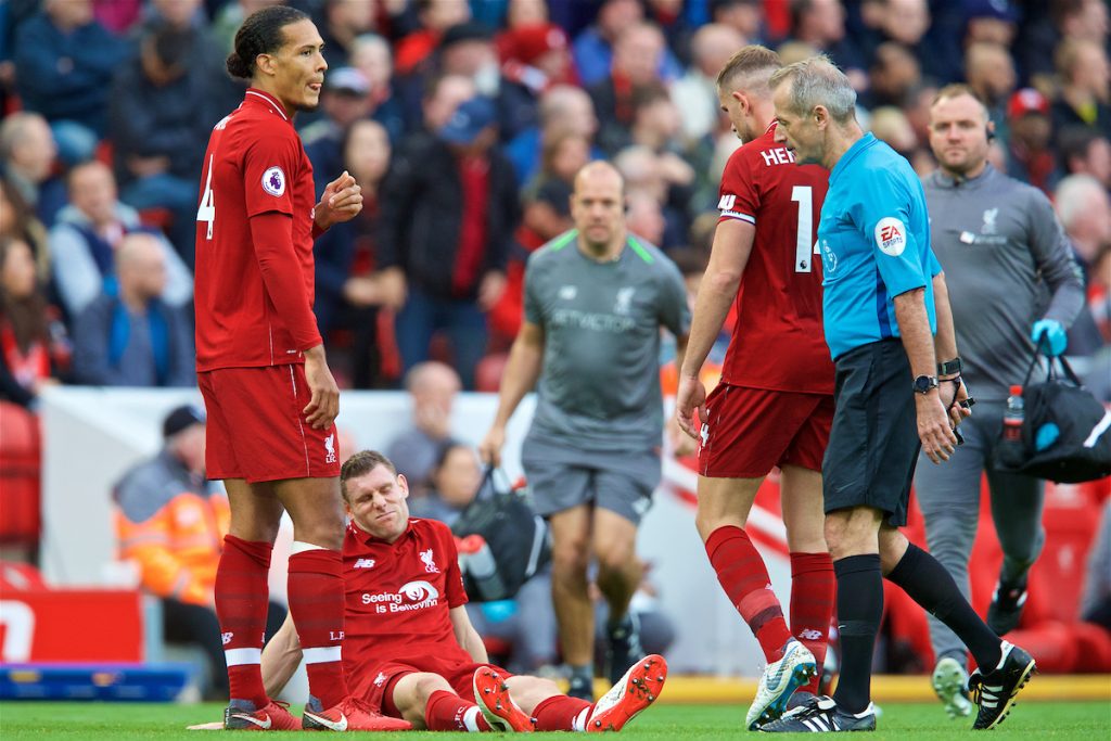 LIVERPOOL, ENGLAND - Sunday, October 7, 2018: Liverpool's James Milner goes down injured during the FA Premier League match between Liverpool FC and Manchester City FC at Anfield. (Pic by David Rawcliffe/Propaganda)