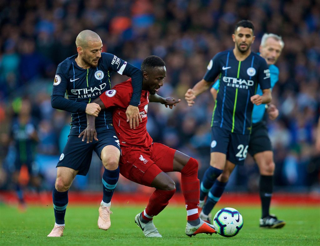 LIVERPOOL, ENGLAND - Sunday, October 7, 2018: Manchester City's David Silva (L) tackled Liverpool's Naby Keita during the FA Premier League match between Liverpool FC and Manchester City FC at Anfield. (Pic by David Rawcliffe/Propaganda)