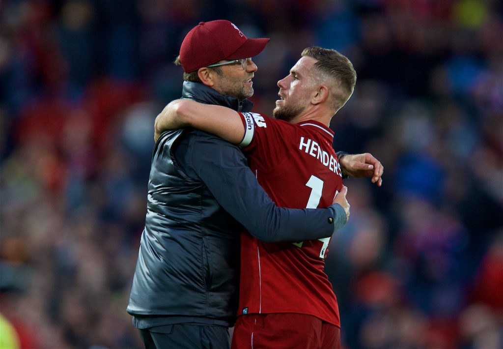 LIVERPOOL, ENGLAND - Sunday, October 7, 2018: Liverpool's manager Jürgen Klopp and captain Jordan Henderson embrace after the FA Premier League match between Liverpool FC and Manchester City FC at Anfield. The game ended goal-less. (Pic by David Rawcliffe/Propaganda)