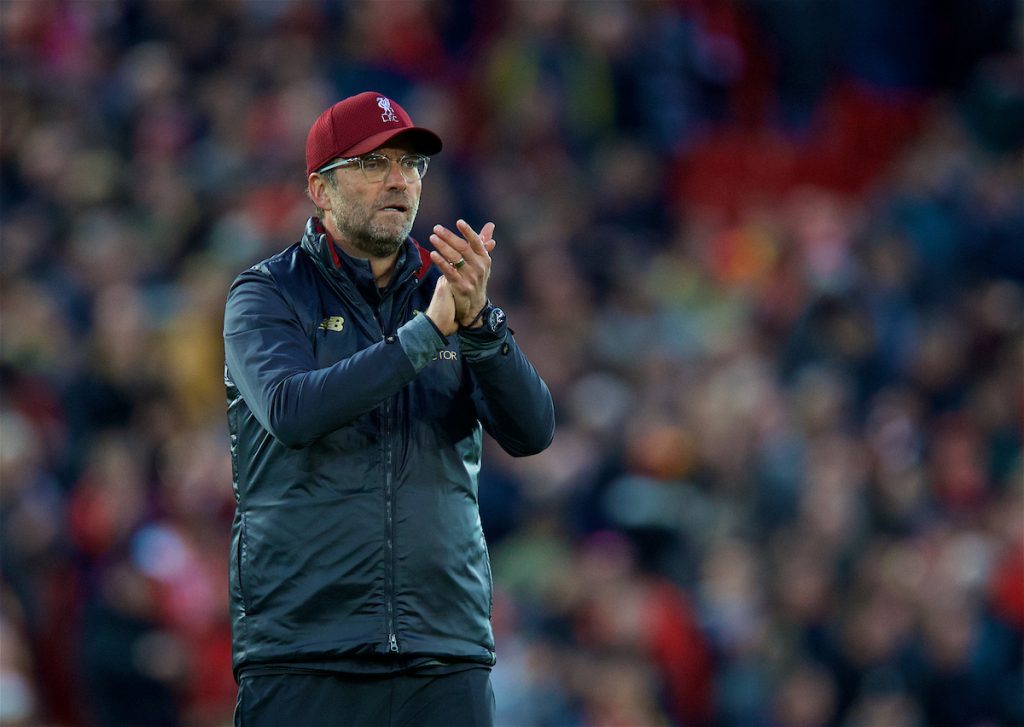 LIVERPOOL, ENGLAND - Sunday, October 7, 2018: Liverpool's manager Jürgen Klopp after the FA Premier League match between Liverpool FC and Manchester City FC at Anfield. The game ended goal-less. (Pic by David Rawcliffe/Propaganda)