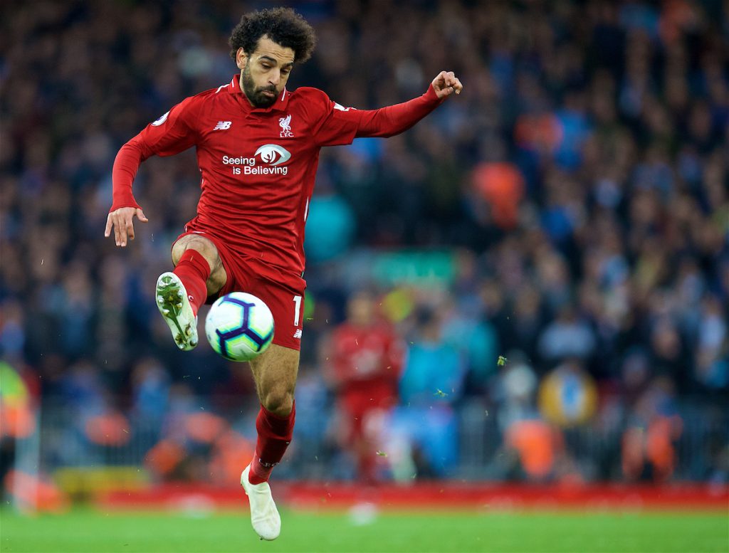 LIVERPOOL, ENGLAND - Sunday, October 7, 2018: Liverpool's Mohamed Salah during the FA Premier League match between Liverpool FC and Manchester City FC at Anfield. (Pic by David Rawcliffe/Propaganda)