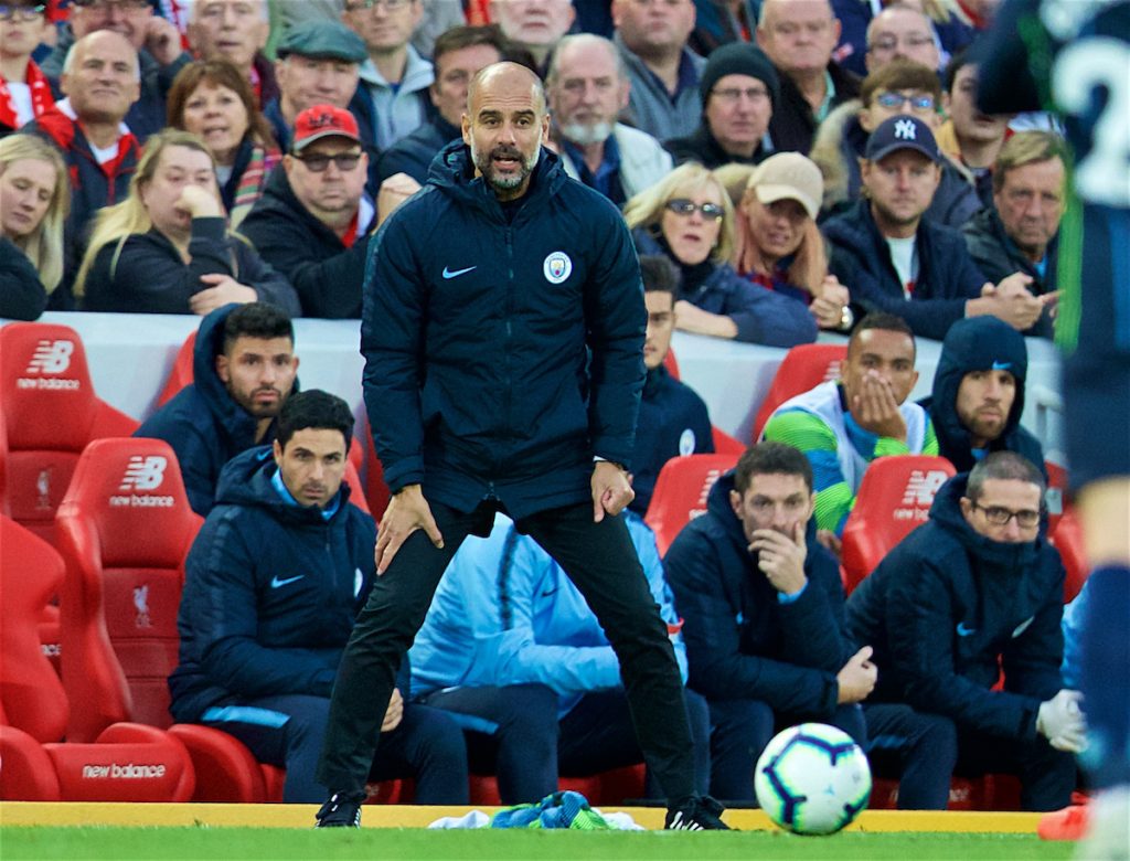 LIVERPOOL, ENGLAND - Sunday, October 7, 2018: Manchester City's manager Pep Guardiola reacts during the FA Premier League match between Liverpool FC and Manchester City FC at Anfield. (Pic by David Rawcliffe/Propaganda)