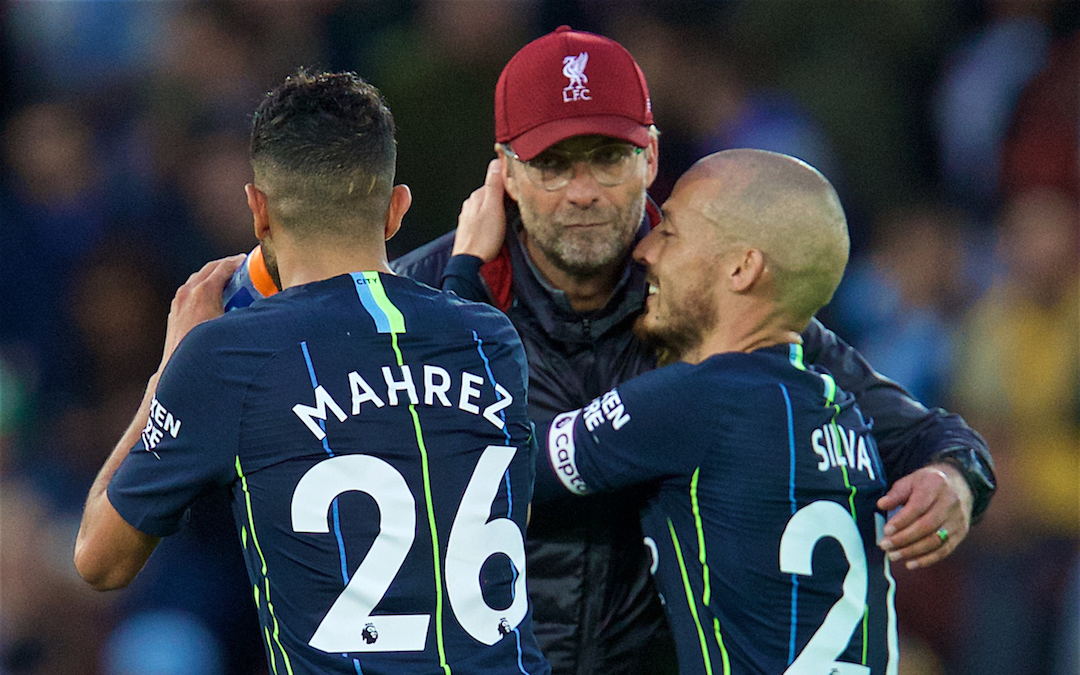 LIVERPOOL, ENGLAND - Sunday, October 7, 2018: Liverpool's manager J¸rgen Klopp (C) embraces Manchester City's Riyad Mahrez (L) and David Silva (R) after the FA Premier League match between Liverpool FC and Manchester City FC at Anfield. (Pic by David Rawcliffe/Propaganda)