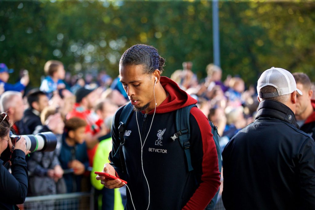 HUDDERSFIELD, ENGLAND - Saturday, October 20, 2018: Liverpool's Virgil van Dijk arrives before the FA Premier League match between Huddersfield Town FC and Liverpool FC at Kirklees Stadium. (Pic by David Rawcliffe/Propaganda)