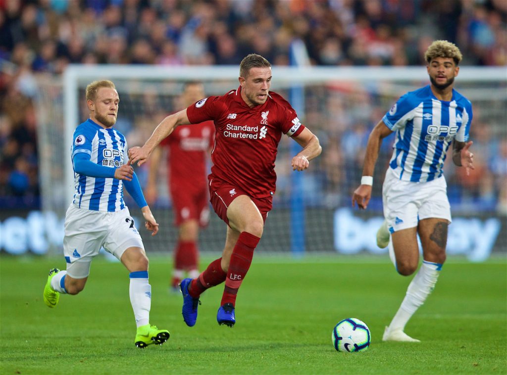 HUDDERSFIELD, ENGLAND - Saturday, October 20, 2018: Liverpool's captain Jordan Henderson during the FA Premier League match between Huddersfield Town FC and Liverpool FC at Kirklees Stadium. (Pic by David Rawcliffe/Propaganda)