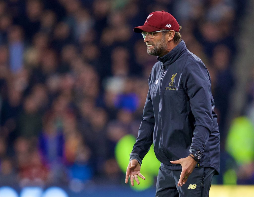 HUDDERSFIELD, ENGLAND - Saturday, October 20, 2018: Liverpool's manager Jürgen Klopp reacts during the FA Premier League match between Huddersfield Town FC and Liverpool FC at Kirklees Stadium. (Pic by David Rawcliffe/Propaganda)