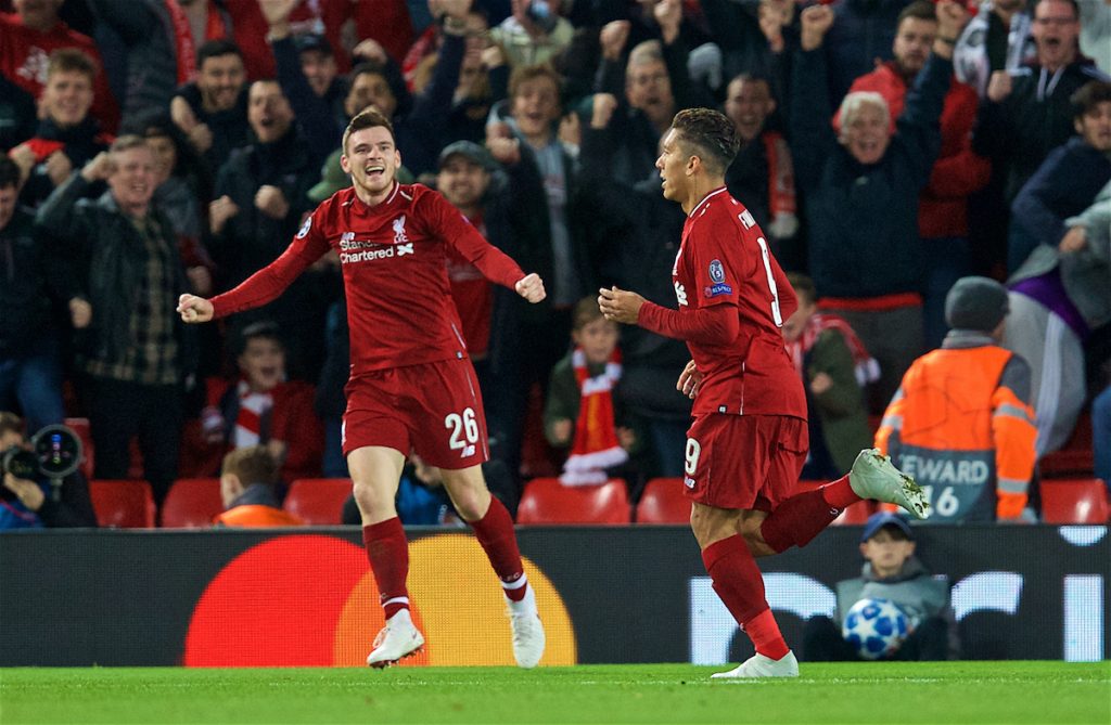 LIVERPOOL, ENGLAND - Wednesday, October 24, 2018: Liverpool's Roberto Firmino celebrates scoring the first goal with team-mate Andy Robertson during the UEFA Champions League Group C match between Liverpool FC and FK Crvena zvezda (Red Star Belgrade) at Anfield. (Pic by David Rawcliffe/Propaganda)