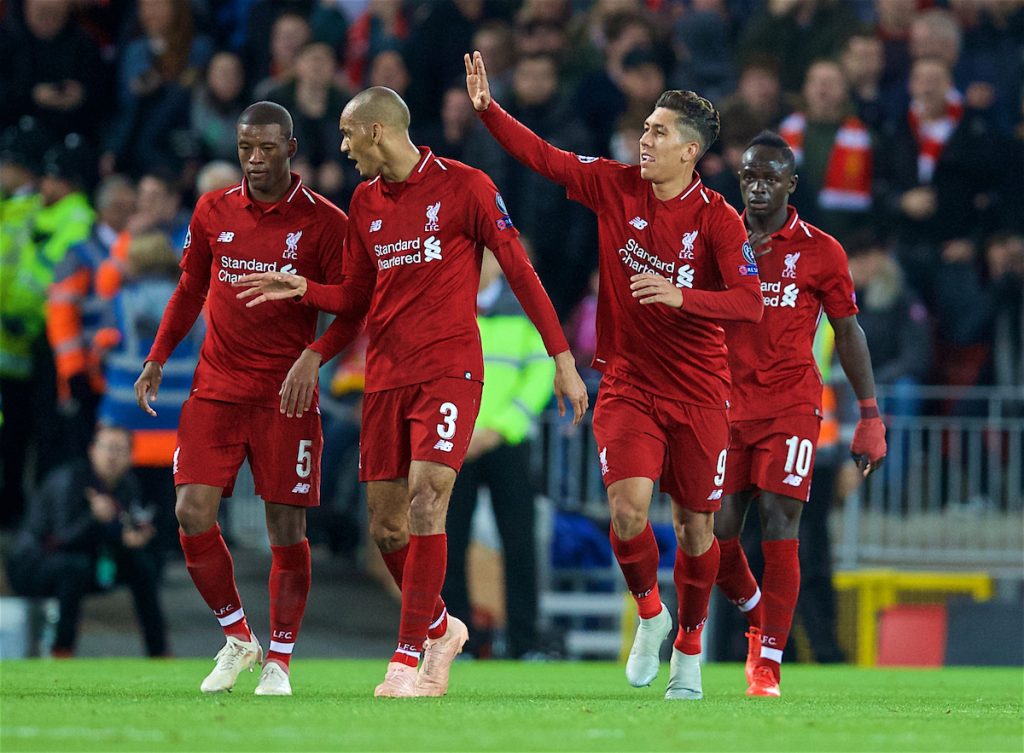 LIVERPOOL, ENGLAND - Wednesday, October 24, 2018: Liverpool's Roberto Firmino celebrates scoring the first goal with team-mates during the UEFA Champions League Group C match between Liverpool FC and FK Crvena zvezda (Red Star Belgrade) at Anfield. (Pic by David Rawcliffe/Propaganda)