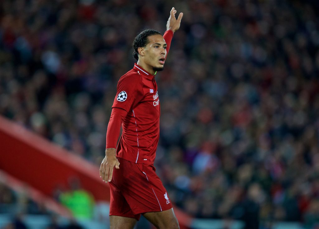 LIVERPOOL, ENGLAND - Wednesday, October 24, 2018: Liverpool's captain Virgil van Dijk during the UEFA Champions League Group C match between Liverpool FC and FK Crvena zvezda (Red Star Belgrade) at Anfield. (Pic by David Rawcliffe/Propaganda)