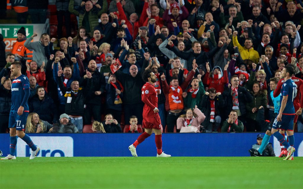 LIVERPOOL, ENGLAND - Wednesday, October 24, 2018: Liverpool's Mohamed Salah celebrates scoring the second goal during the UEFA Champions League Group C match between Liverpool FC and FK Crvena zvezda (Red Star Belgrade) at Anfield. (Pic by David Rawcliffe/Propaganda)