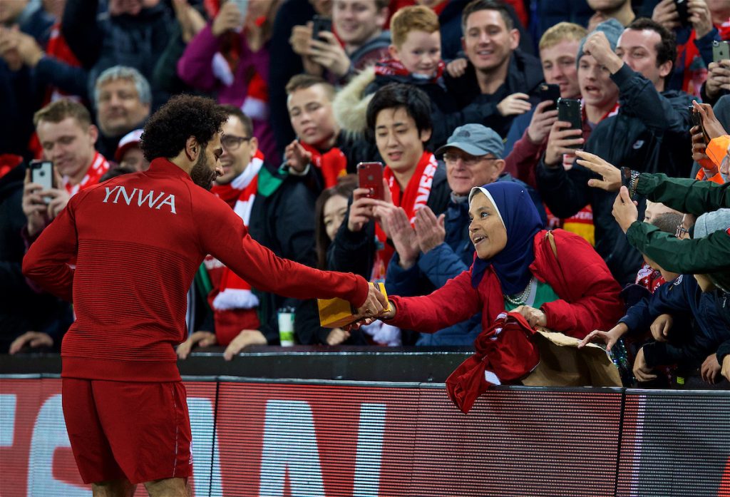 LIVERPOOL, ENGLAND - Wednesday, October 24, 2018: Liverpool's Mohamed Salah celebrates the victory with supporters after the UEFA Champions League Group C match between Liverpool FC and FK Crvena zvezda (Red Star Belgrade) at Anfield. Liverpool won 4-0. (Pic by David Rawcliffe/Propaganda)