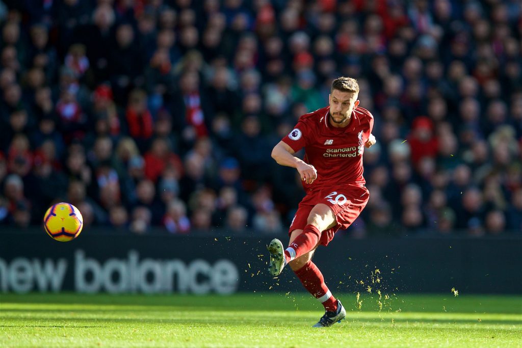 LIVERPOOL, ENGLAND - Saturday, October 27, 2018: Liverpool's Adam Lallana during the FA Premier League match between Liverpool FC and Cardiff City FC at Anfield. (Pic by David Rawcliffe/Propaganda)