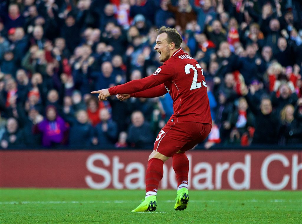 LIVERPOOL, ENGLAND - Saturday, October 27, 2018: Liverpool's Xherdan Shaqiri celebrates scoring the third goal during the FA Premier League match between Liverpool FC and Cardiff City FC at Anfield. (Pic by David Rawcliffe/Propaganda)