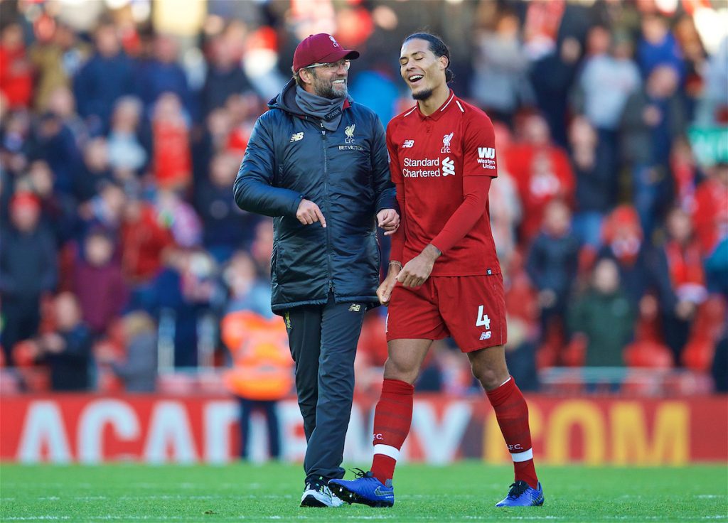 LIVERPOOL, ENGLAND - Saturday, October 27, 2018: Liverpool's manager Jürgen Klopp and captain Virgil van Dijk after the FA Premier League match between Liverpool FC and Cardiff City FC at Anfield. Liverpool 4-0. (Pic by David Rawcliffe/Propaganda)